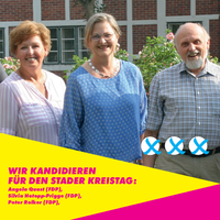 Foto der drei Kandidierenden, die für die FDP zur Kreistagswahl des Stader Kreistages kandidieren: Angela Quast, Silvia Hotopp-Prigge, Peter Rolker